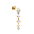 Gold dangle flat back stud earring with 3 clear gemstones, connected on a chain on a white background