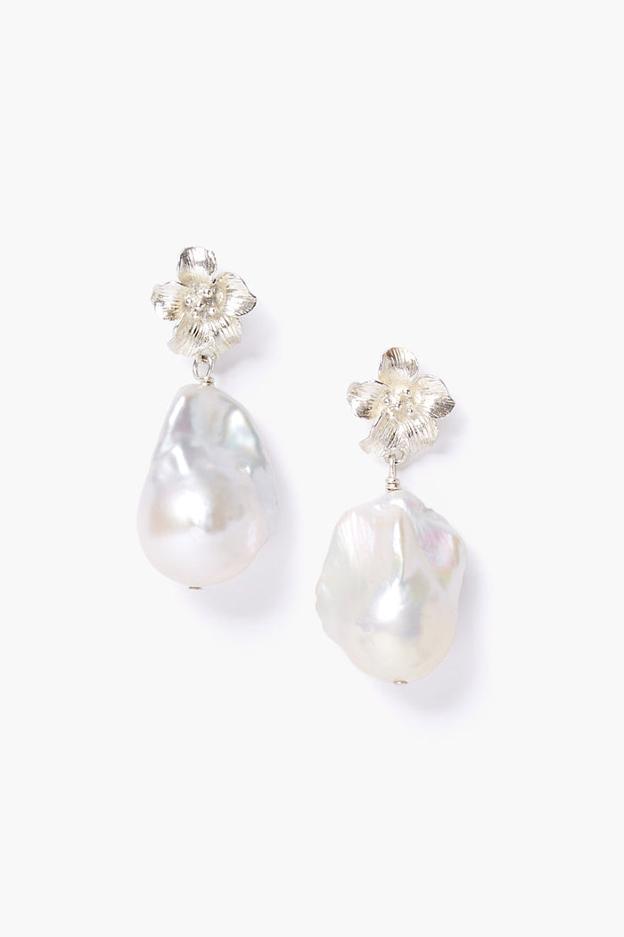 Silver Hibiscus Pearl Drop Earrings