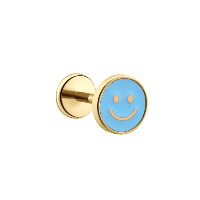 Gold-plated flat back stud smiley face in light blue enamel.