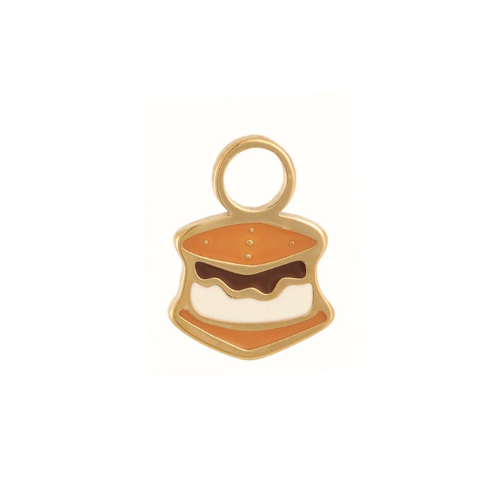 Gold, brown, and white enamel hoop charm that looks like a s'more, on a white background.