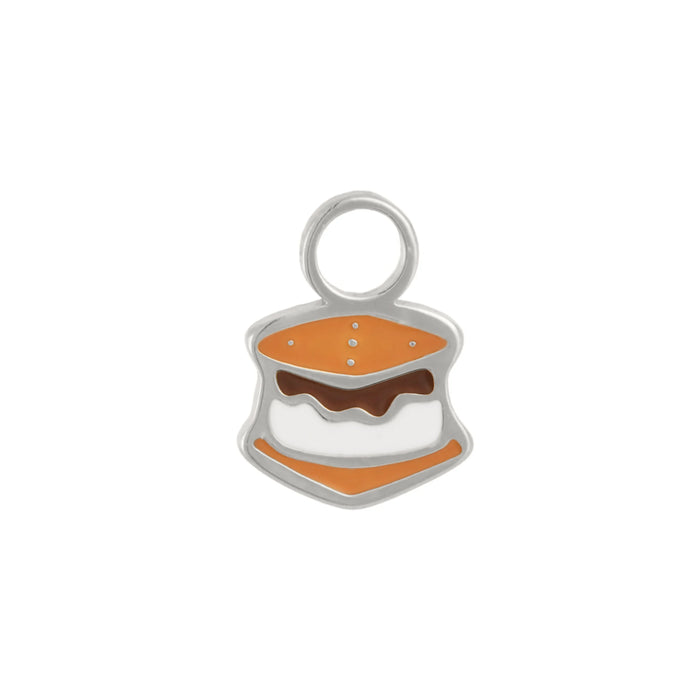 Silver, brown, and white enamel hoop charm that looks like a s'more, on a white background.