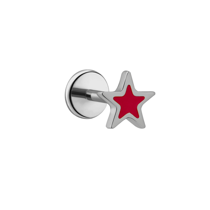Silver and enamel earring with a red star on a white background