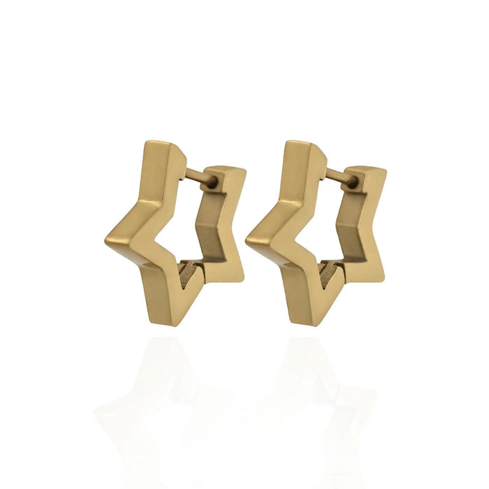 Gold geometric star hoop earrings on a white background