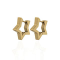 Gold geometric star hoop earrings on a white background