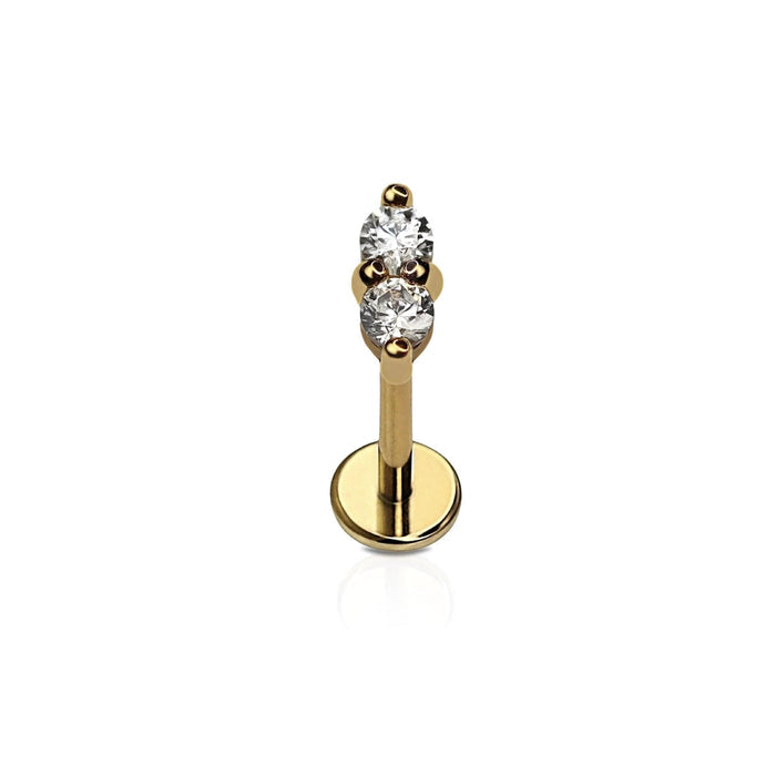 Gold flat back stud earring with two clear gemstones on a white background