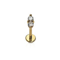 Gold flat back stud earring with two clear gemstones on a white background