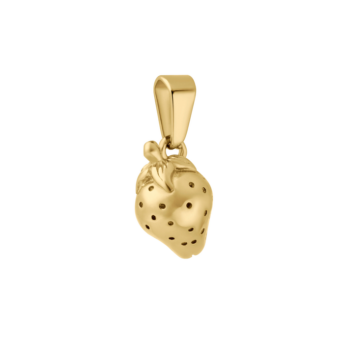 Gold strawberry-shaped pendant on a white background
