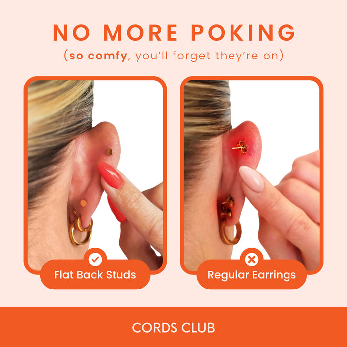 Diagram illustrating the benefits of flat back studs, when compared to traditional, butterfly-back studs.