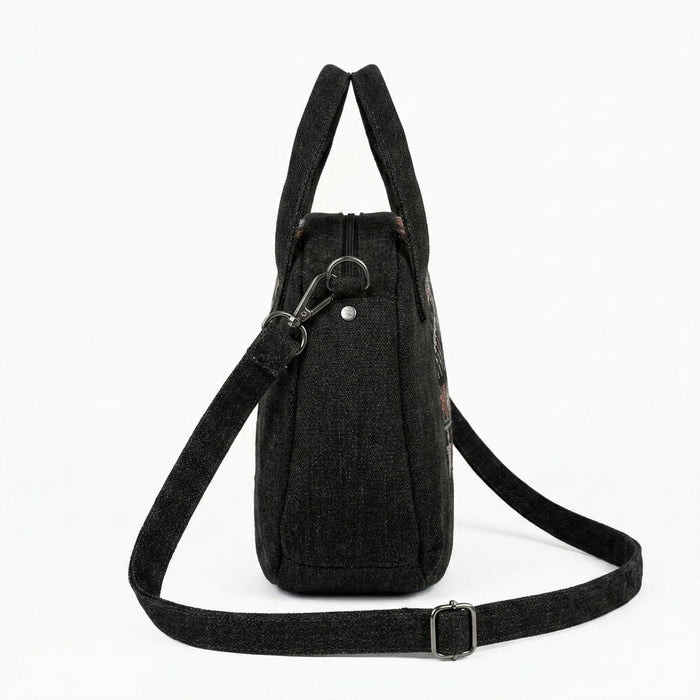 Textured Handbag With Ethnic Woven Front Panel