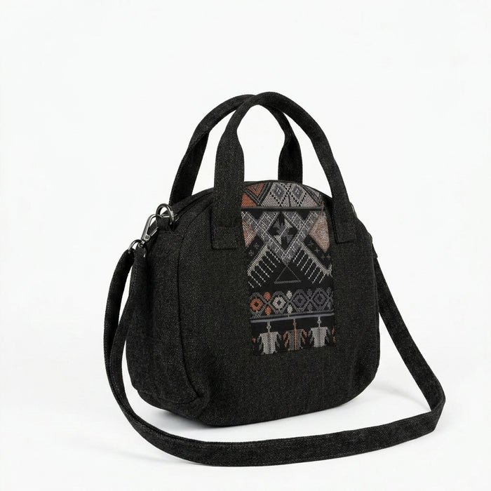 Textured Handbag With Ethnic Woven Front Panel