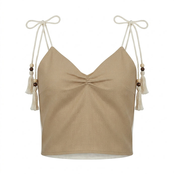 Textured Tassel Tie Strap Crop Top
