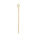 Close up on an earring accessory that features a thin chain with a small ring at one end, and a small rod at the other. The ring is is designed to link with another earring, like a hoop or a flat back stud, and the chain and rod are designed to thread through another peircing, or hang like a charm. Made from 316L Surgical steel and finished with 18k Gold PVD plating.