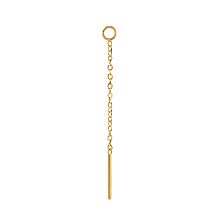 Close up on an earring accessory that features a thin chain with a small ring at one end, and a small rod at the other. The ring is is designed to link with another earring, like a hoop or a flat back stud, and the chain and rod are designed to thread through another peircing, or hang like a charm. Made from 316L Surgical steel and finished with 18k Gold PVD plating.