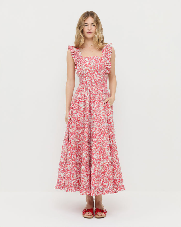 Tish midi dress in red floral cotton and Paulie Red Studded Sandal.