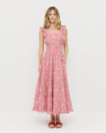 Tish midi dress in red floral cotton and Paulie Red Studded Sandal.