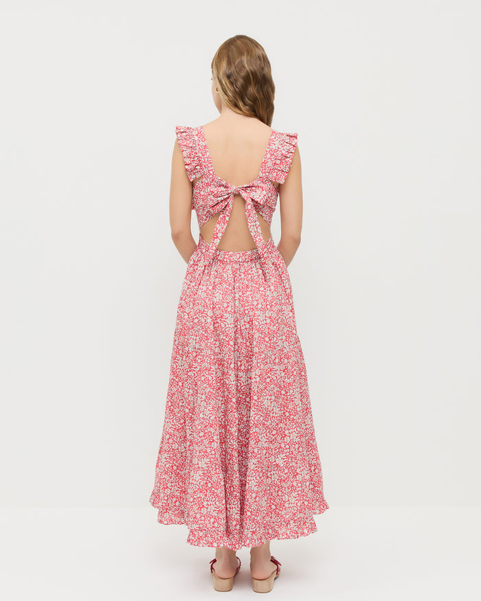 Tish midi dress in red floral cotton and Paulie Red Studded Sandal.
