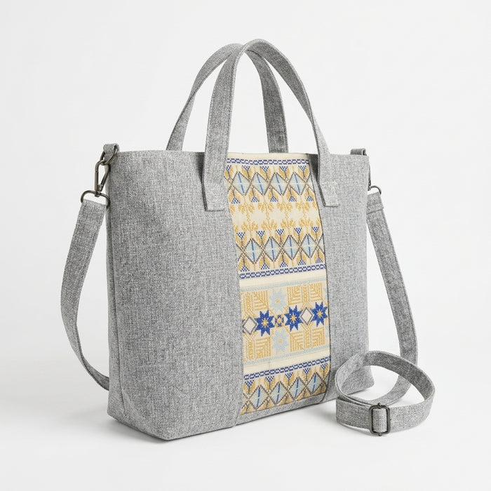 Tote Handbag With Woven Ethnic Front Panel
