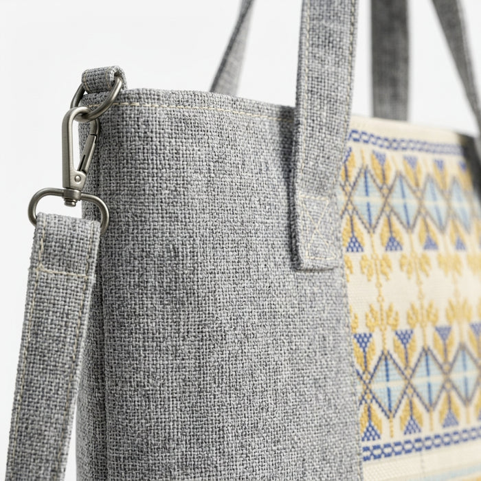 Tote Handbag With Woven Ethnic Front Panel