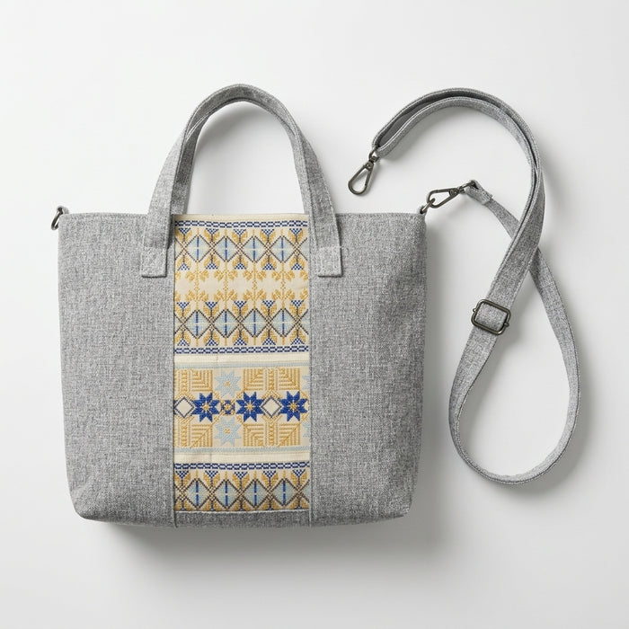 Tote Handbag With Woven Ethnic Front Panel