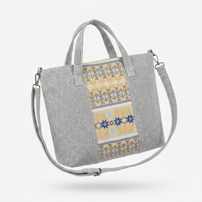 Tote Handbag With Woven Ethnic Front Panel