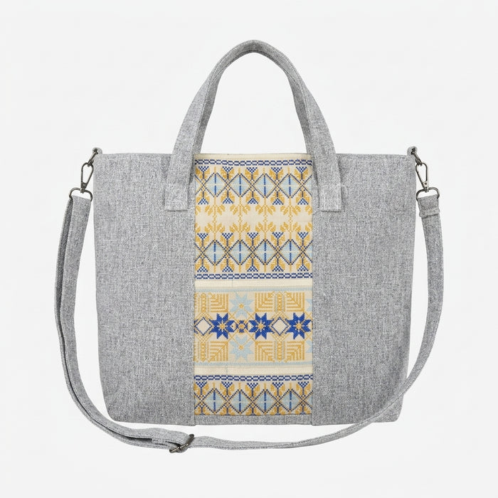 Tote Handbag With Woven Ethnic Front Panel