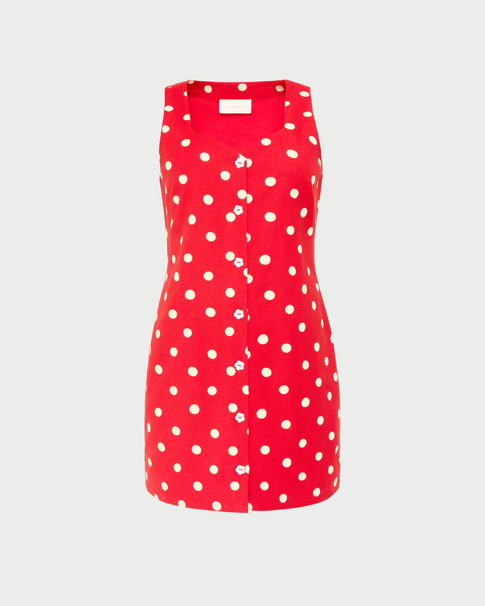 Tova sleeveless mini button-up dress in red cotton-linen with white polka dots.