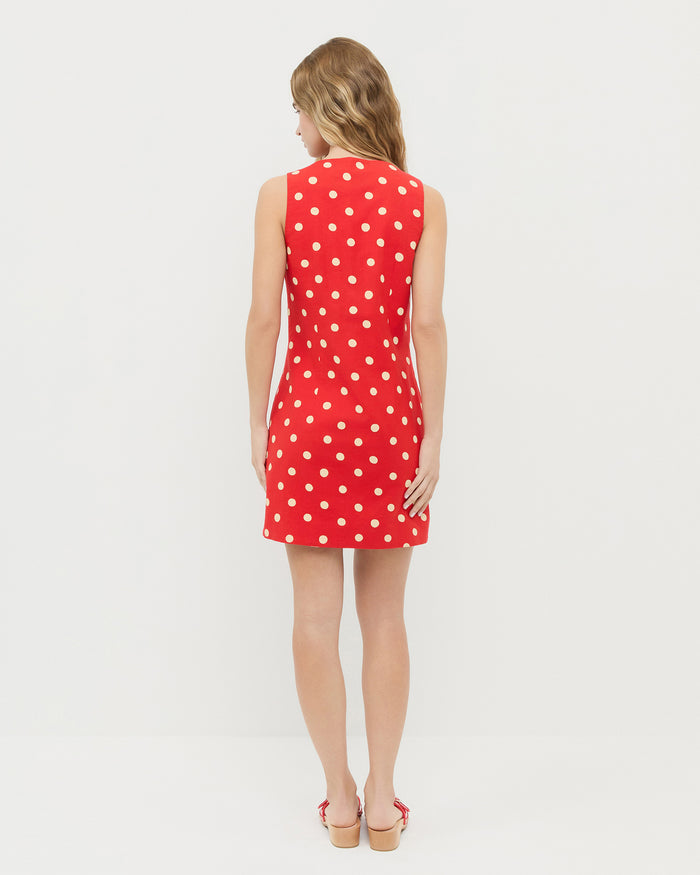 Tova sleeveless mini button-up dress in red cotton-linen with white polka dots and Paulie Red Studded Sandal.