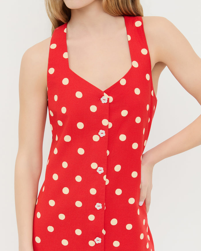 Tova sleeveless mini button-up dress in red cotton-linen with white polka dots