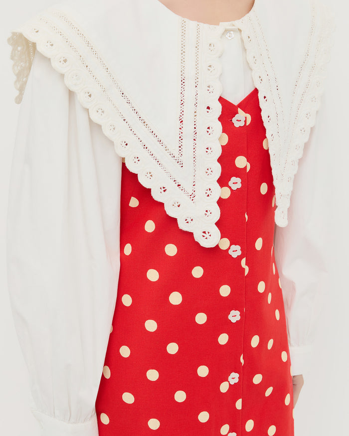 Tova sleeveless mini button-up dress in red cotton-linen with white polka dots and Ken Shirt in white cotton.