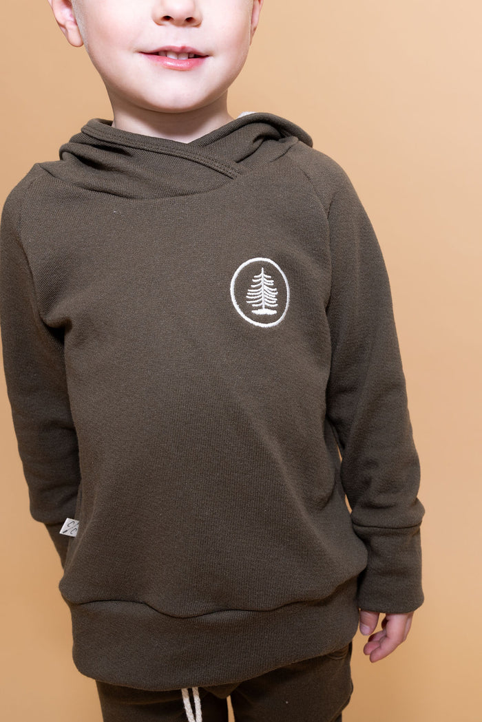 trademark raglan hoodie - tree patch on dark fatigue