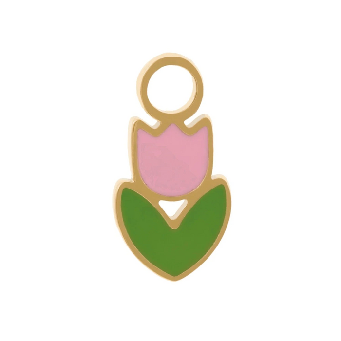 Tulip-shaped hoop charm with pink flower and green leaf on a white background