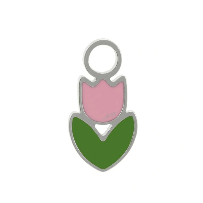 Enamel silver hoop charm with pink tulip and green leaf on a white background