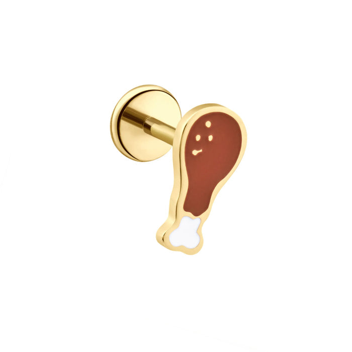 Gold, white, and brown turkey leg-shaped flat back stud earring on a white background