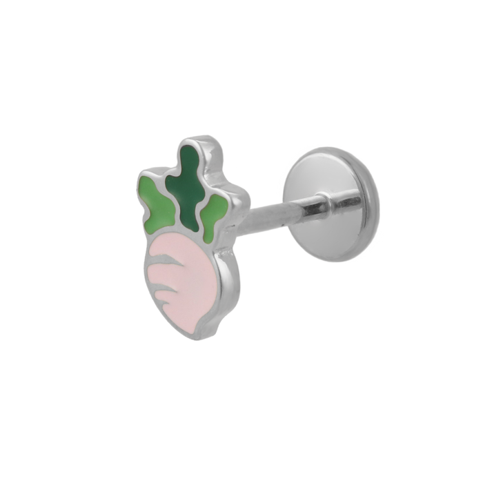 A close up of a turnip shaped flat back stud with blush pink enamel and titanium metal.