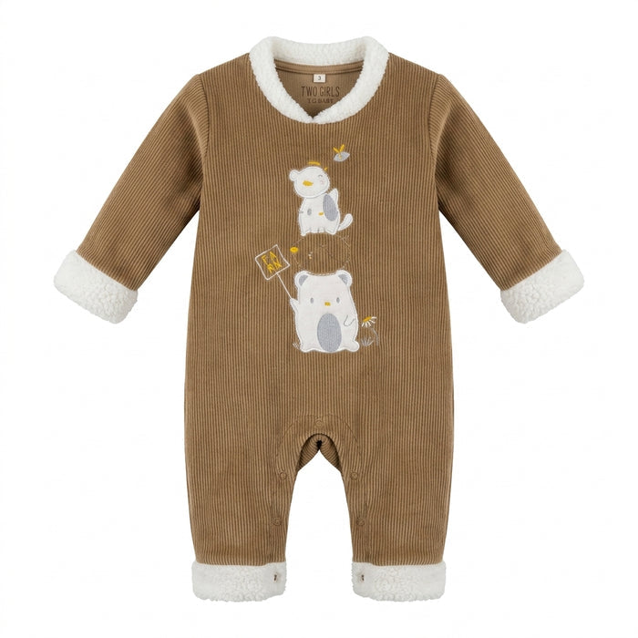Two Girls Baby Ribbed Plush Trim Romper Cinnamon