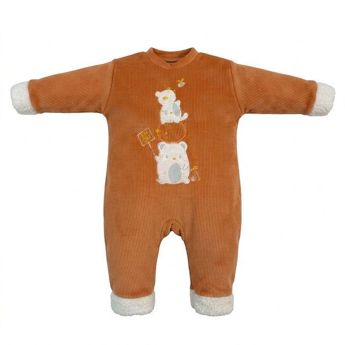 Two Girls Baby Ribbed Plush Trim Romper Cinnamon