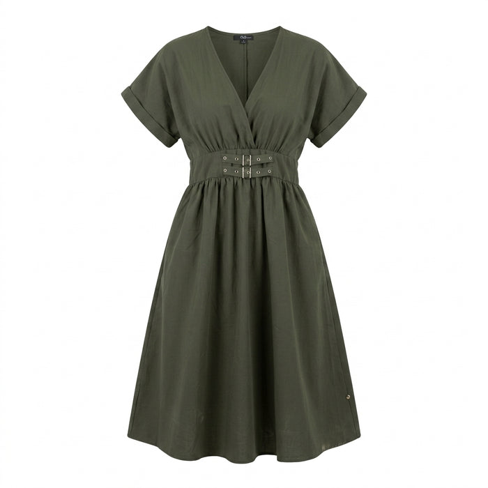 V Neck Midi Dress With Buckle Waist
