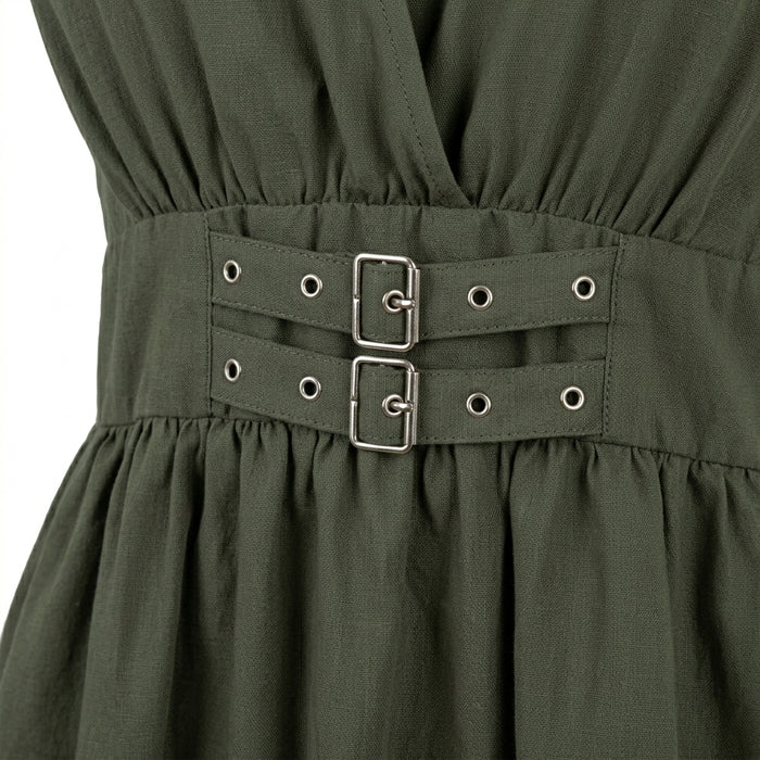 V Neck Midi Dress With Buckle Waist