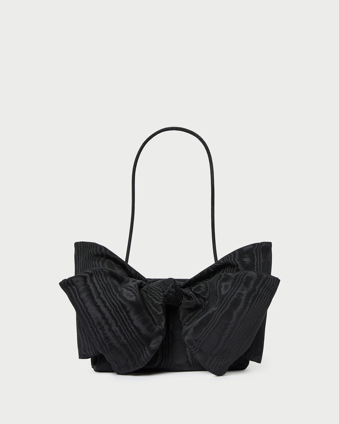 Valerie Black Moiré Bow Clutch in black moiré.