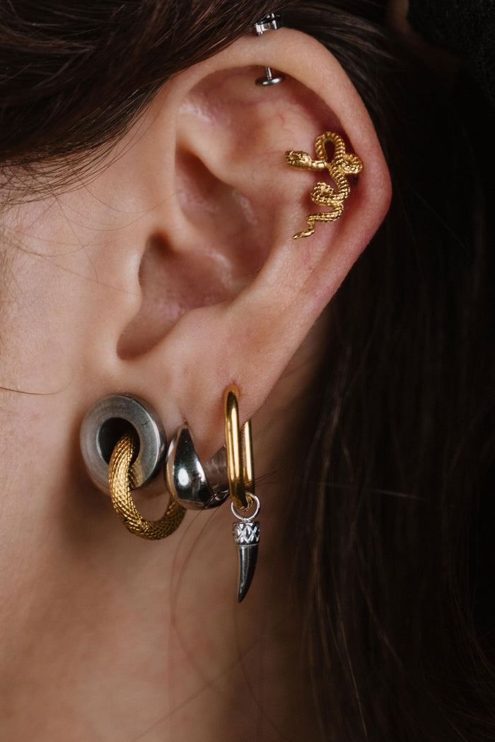 Close-up of a person's ear showcasing multiple stacked and cartilage piercings, including gold hoop, silver and gold cartilage studs, and a small silver drop with a clear stone.