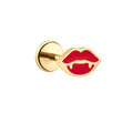 Gold flat back stud with a red enamel lips design and vampire fangs.