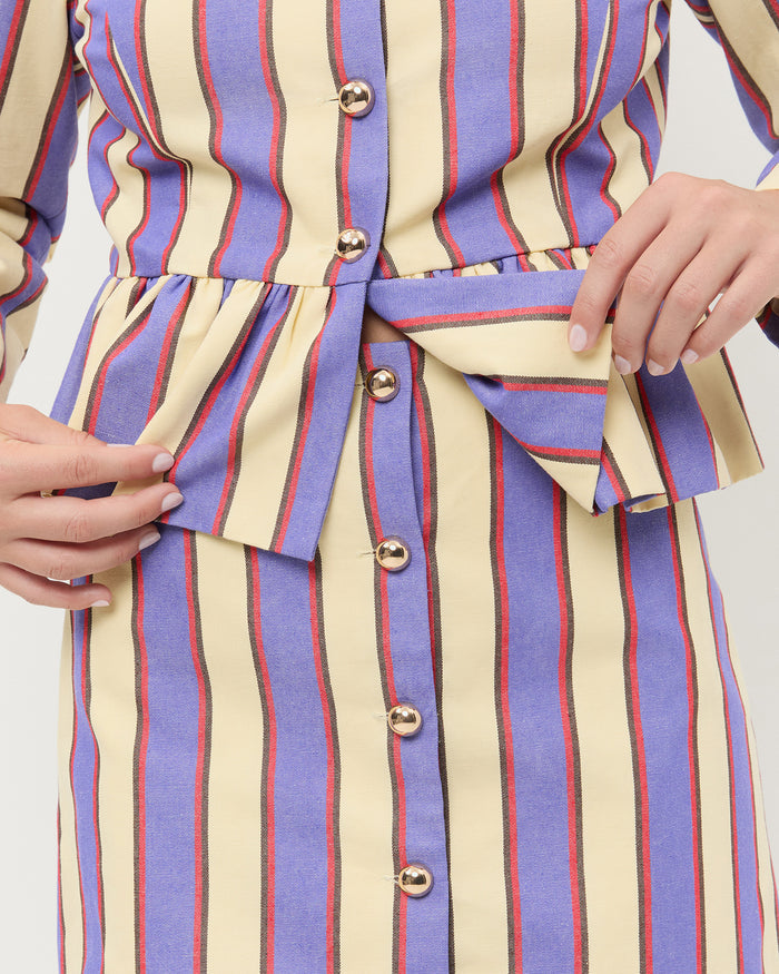 Vita Skirt in jewel and butter striped cotton-linen fabric and Sable Jacket in jewel and butter striped cotton-linen fabric.
