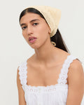 Viv Butter Crochet Scarf in butter yellow crocheted cotton and Emma Top in white cotton.