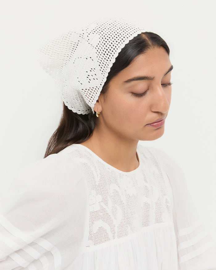 Viv White Crochet Scarf in white crocheted cotton.