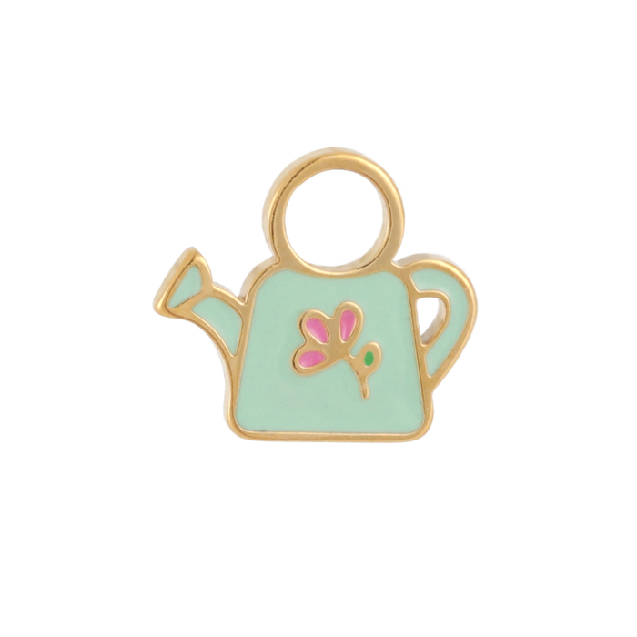 A close up of a watering can shaped hoop charm with mint green enamel and gold-plated titanium metal on a white background