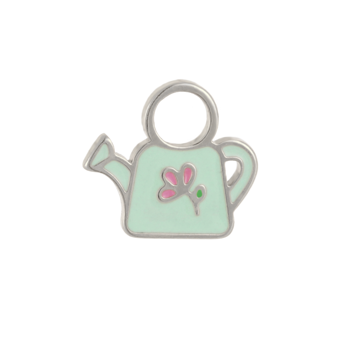 A close up of a watering can shaped hoop charm with mint green enamel and titanium metal on a white background