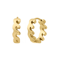 Gold wave-shaped hoop earrings on a white background