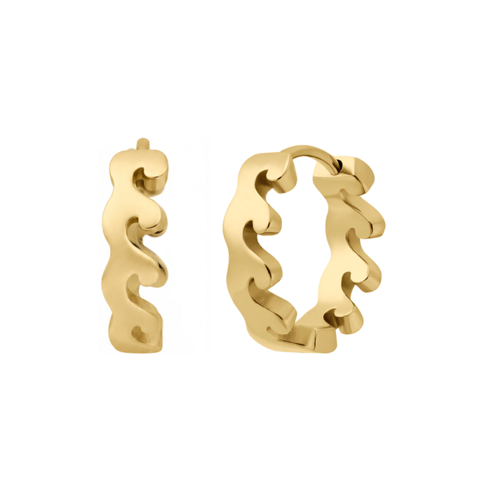 Gold wave-shaped hoop earrings on a white background