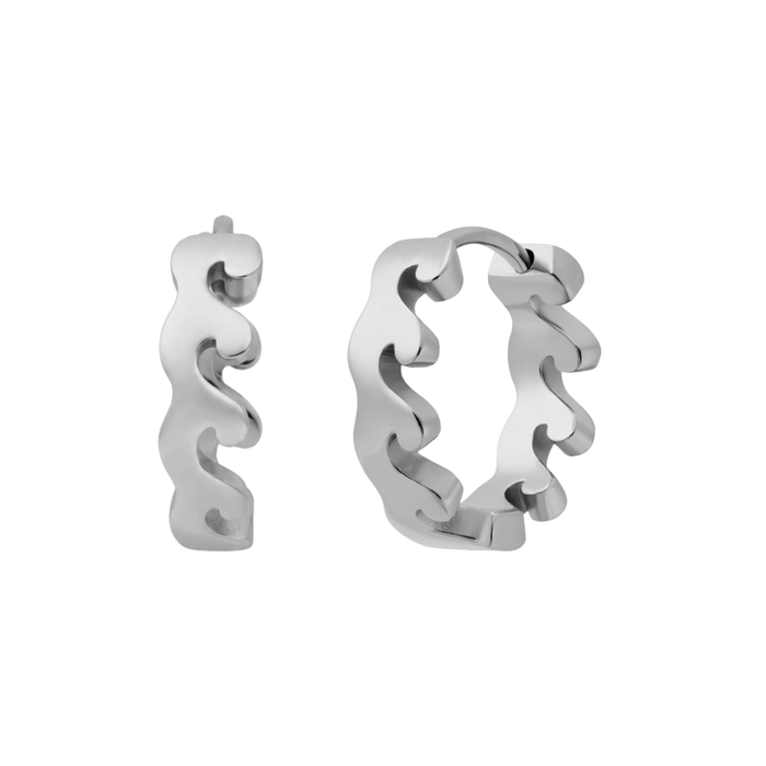Silver wave-shaped hoop earrings on a white background