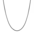 A silver-toned metal chain necklace shown against a plain white background.